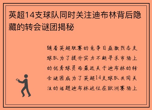 英超14支球队同时关注迪布林背后隐藏的转会谜团揭秘 英超14支球队同时关注迪布林背后隐藏的转会谜团揭秘