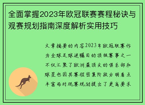 全面掌握2023年欧冠联赛赛程秘诀与观赛规划指南深度解析实用技巧