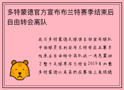 多特蒙德官方宣布布兰特赛季结束后自由转会离队